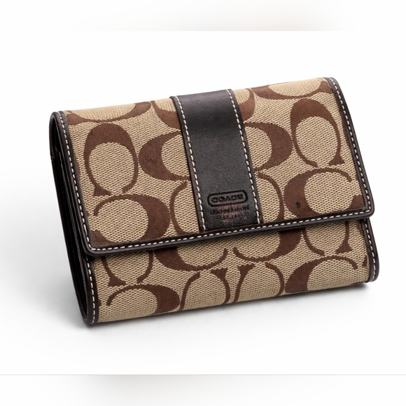 Coach Handbags - Coach Signature Canvas Leather Trim Trifold Brown Monogram Wallet
